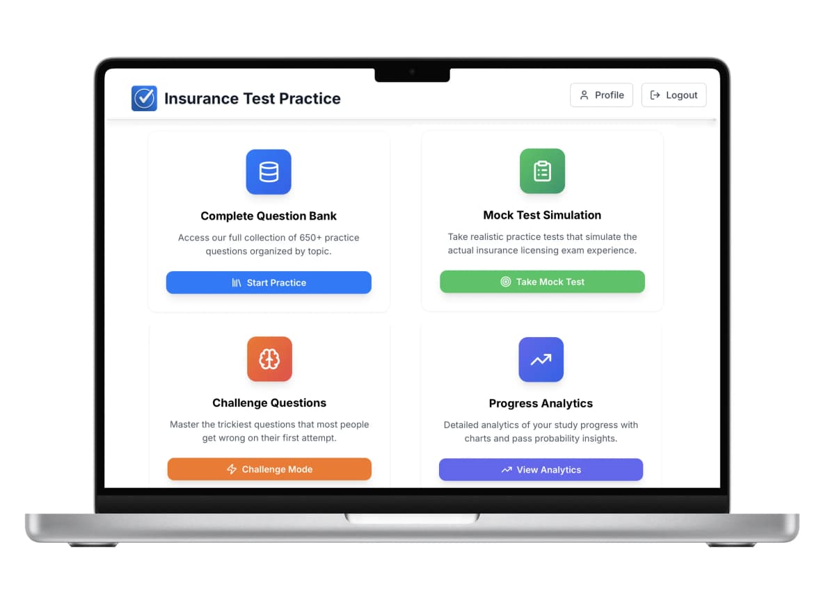 Insurance Test Practice on laptop showing study by chapter interface