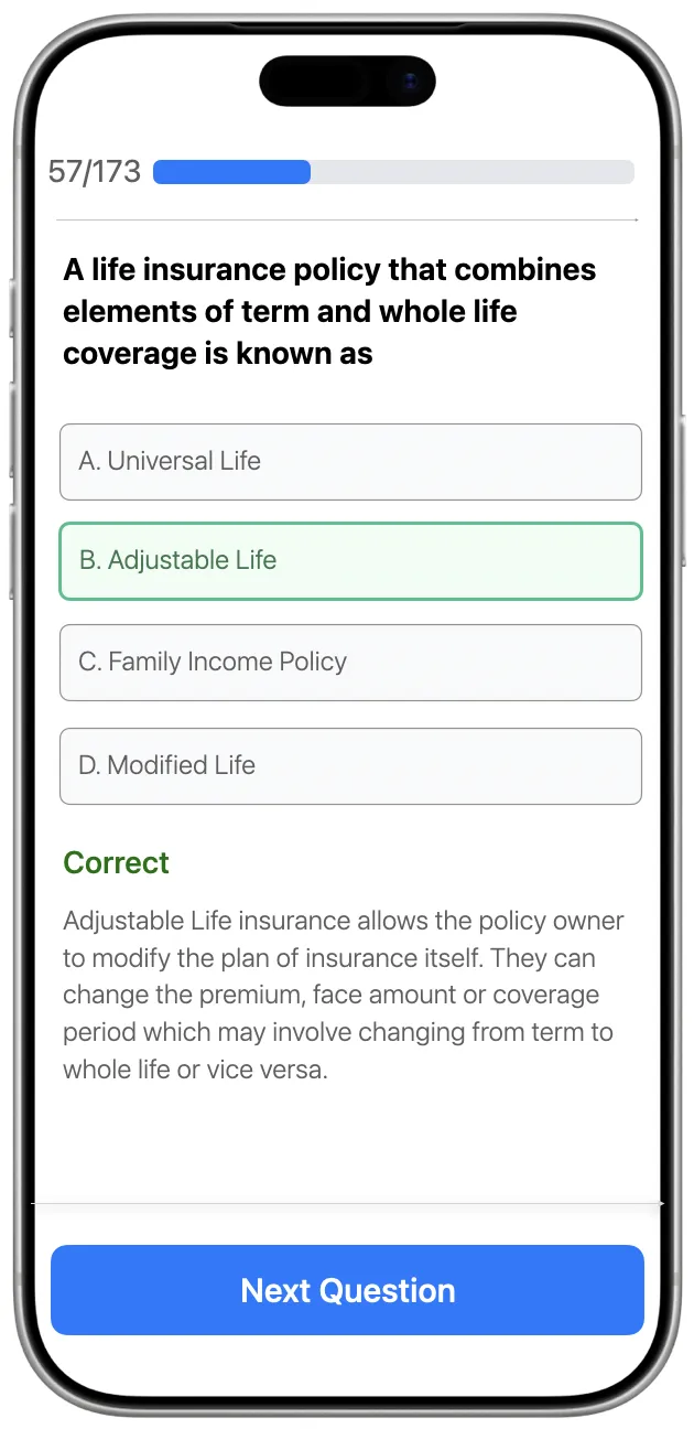 Insurance Test Practice mobile app showing practice question interface